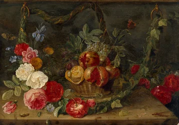 Composizione di natura morta decorativa con un cesto di frutta