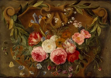 Composizione di natura morta decorativa con una ghirlanda di fiori, metà XVII secolo