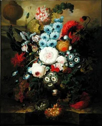 Garofani, Gloria del Mattino, Rose, Auricole, Giacinto e Altri Fiori con un Nido di Uccelli su un Ripiano di Marmo