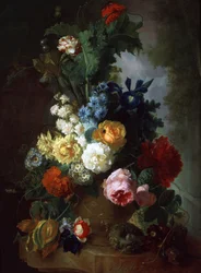 Natura morta di rose e delphinium. Dipinto di Jan van Os (1744-1808). Collezione privata.