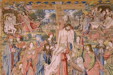 Arazzo fiammingo. Serie La passione di Cristo: Discesa dalla croce. Manifattura Pieter van Aelst. Cartonista Jan van Roome. Ca 1507-1520. (dettaglio)