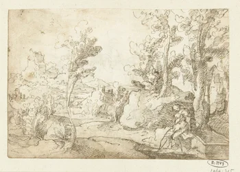 Paesaggio con figura seduta vicino a un pozzo