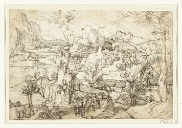 Paesaggio con rocce, figure e una nave a vela