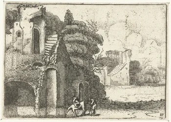 Cavallo che beve presso rovine