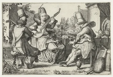 Compagnia elegante che suona musica in un giardino