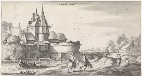 Figure presso un castello in un paesaggio fluviale (Paesaggi piacevoli e vedute divertenti)