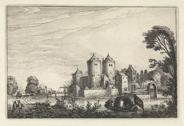 Figure in una barca da diporto vicino a un castello