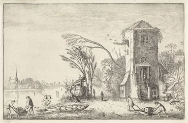 Figure in un paesaggio invernale con una torre