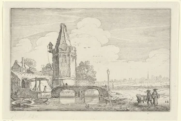 Paesaggio con una torre e un ponte sul fiume Niers