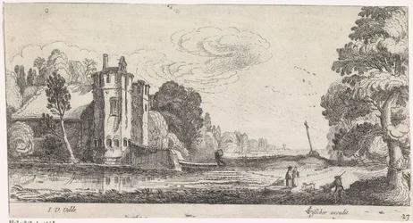 Paesaggio con figure presso una casa fortificata con due torri