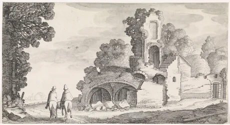 Paesaggio con rovina e due cavalieri