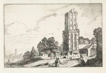 Paesaggio con torre della chiesa in rovina