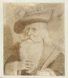 Uomo con colletto di pelliccia, cappello e bastone
