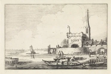 Ponte con bestiame presso un forte in un paesaggio fluviale