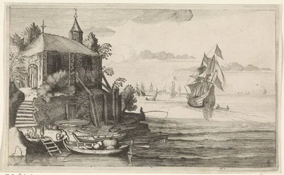 Due alberi vicino a una costa con una cappella (Scene marine)