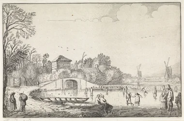 Paesaggio invernale con pattinatori su un ponte