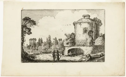 Paesaggio con torre rotonda