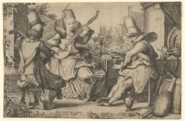 Due uomini elegantemente vestiti e una donna in un giardino, 1613-41