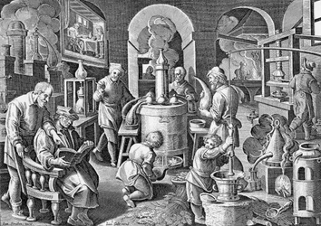 Distillazione: In igne succus omnium, arte, corporum, Vigens fit unda, limpida e potissima. Incisione del XVI secolo di Jan van der Straet, sui diversi stadi della distillazione