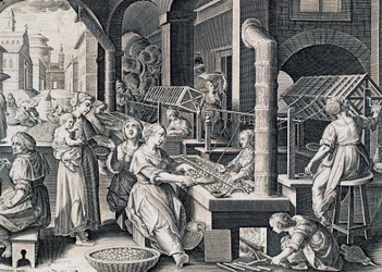 Vermis sericus, donne che filano seta e riscaldano bachi da seta sul fuoco, incisione di Stradanus (1523-1605), Italia