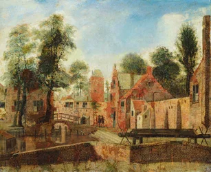Veduta di una città olandese, si dice che si tratti della Sala dei Tessitori, Delft (olio su tela)