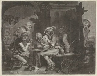 Giocatori di carte e un uomo che urina