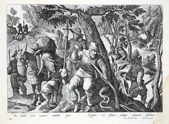 I cacciatori usano lance o fucili caricati con piombo per cacciare il cinghiale di montagna, illustrazione da 