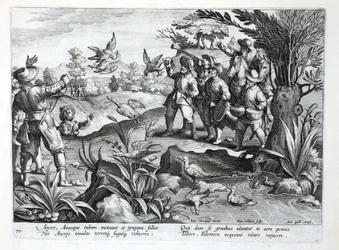 Cacciatori che usano falchi per cacciare le oche, illustrazione da 