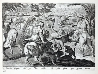 Mori a cavallo che cacciano struzzi, tavola 62, illustrazione da 