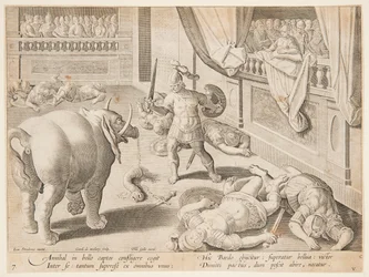Un soldato romano che combatte uno degli elefanti di Annibale, tav. 7 nella serie Venationes Ferarum, Avium, Piscium