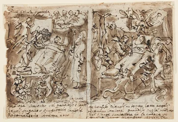 Pagina di un taccuino; Potenze celesti che aiutano i pii; Schizzo per ritratto di santo; Decorazione del frontone