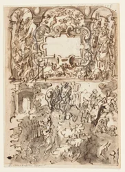 Pagina di un taccuino; pagina del titolo per la serie di incisioni sulla caccia; incidente di un cacciatore