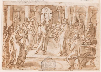 Pietro e Giovanni interrogati dal Consiglio Supremo, disegno preliminare per "Spiritus Scientiae" (Lo Spirito della Scienza), tavola 5 nella serie di stampe "I sette doni dello Spirito Santo"