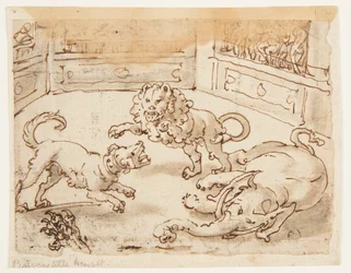 Recto: Alessandro Magno osserva una lotta tra il suo cane, un elefante e un leone; Verso: iscrizione relativa alla Storia Naturale di Plinio il Vecchio, Libro 8, cap. 61