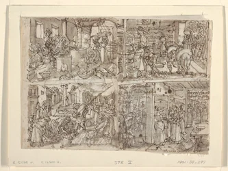 Recto: Quattro disegni preliminari per la serie di stampe "Vermis Sericus" (Produzione della seta). In alto a sinistra: Avvolgimento della seta. In basso a sinistra: preparazione delle foglie di gelso. In alto a destra: disposizione delle foglie sugli scaf