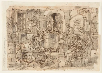 Recto: Invenzione della distillazione, disegno preliminare per "Distillatio," tavola 7 nella serie di stampe Nova Reperta (Nuove Invenzioni dei Tempi Moderni)