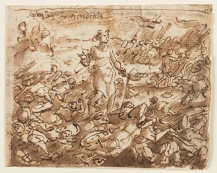 Recto: Sansone, dopo aver sconfitto i Filistei, beve acqua dalla mascella di un asino, disegno preliminare per "Spiritus Fortitudines" (Lo Spirito della Forza), tavola 4 nella serie di stampe "I sette doni dello Spirito Santo". Verso: iscrizione oscurata