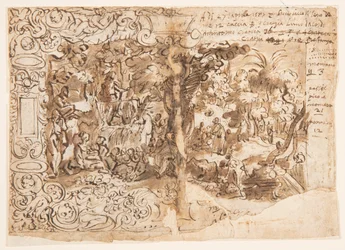Recto: Disegno per arazzo con Giovanni Battista che predica (o Cristo tra gli astanti); Verso: iscrizione