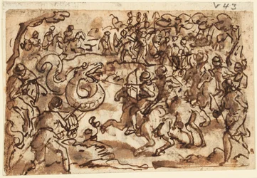 Recto: Il console romano Attilio Regolo combatte un gigantesco serpente africano, da Storia Naturale di Plinio, Libro 8, cap. 14; Verso: Tolomeo cattura un gigantesco serpente con una rete, da Biblioteca Storica di Diodoro Siculo III, 37