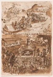 Recto, sopra: Raccolta di bitume, dalla Storia naturale di Plinio, Libro 35, cap 51; Recto, sotto: Cattura di falene notturne. Verso, sopra: Caccia al bufalo; Verso, sotto: Pesca del corallo in Sicilia, dalla Storia naturale di Plinio il Vecchio