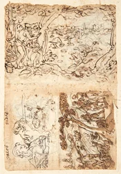 Recto, sopra: Caccia alla gru usando coni; Sotto, sinistra: Giacobbe, mezza figura; leone con una benda sugli occhi; mappa di fortificazioni; Sotto destra: Caccia alla volpe. Verso, sopra sinistra: Caccia allo storno; sotto sinistra: Caccia al leone con to