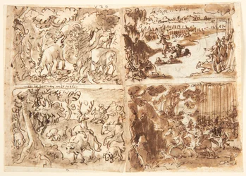 Recto, in alto a sinistra: Cervo attaccato da una lince; in alto a destra: Clelia e le sue compagne fuggono dal campo di Porsenna; in basso a destra: Donne che cacciano; in basso a sinistra: Caccia al cervo, con un cervo che nasconde il suo odore. Verso: D