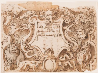 Recto: disegno preliminare per la pagina del titolo della serie di stampe Venationes Ferarum Arium Piscium; Verso: note di Stradanus sui pagamenti a un sarto