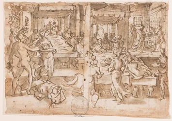 Recto, destra: Decapitazione di San Giovanni Battista, Recto, sinistra: Salomè riceve la testa di San Giovanni Battista dal boia, disegno per pl.10 nella Vita di San Giovanni Battista Verso: Il Corpo di Alfonso Piccolomini (1551 - 1591), Fuorilegge Sienese