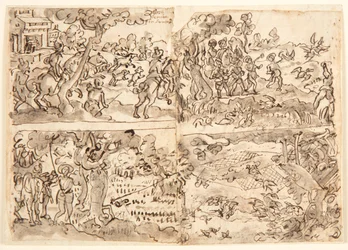 Pagina di taccuino con quattro scene di caccia