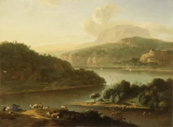 Paesaggio fluviale con pastore e contadina in primo piano