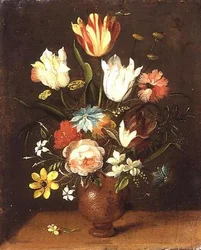Tulipani, rose, garofani e altri fiori in un vaso