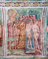 Chiesa fortificata di Hrastovlje, Chiesa della Trinità, Adamo ed Eva espulsi dal Paradiso (1490) (dettaglio)