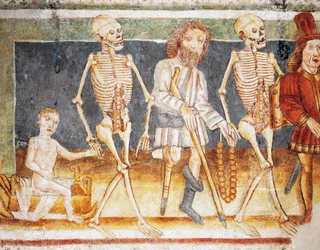 Chiesa fortificata di Hrastovlje, Chiesa della Trinità, La Morte accompagna il bambino e il povero, Danza della Morte (1490), dettaglio dagli affreschi di Janez Iz Kastva (1490), Slovenia