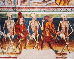 Chiesa fortificata di Hrastovlje, Chiesa della Trinità, La morte accompagna il mercante e il ricco banchiere, Danza della Morte (1490), dettaglio degli affreschi di Janez Iz Kastva, Slovenia